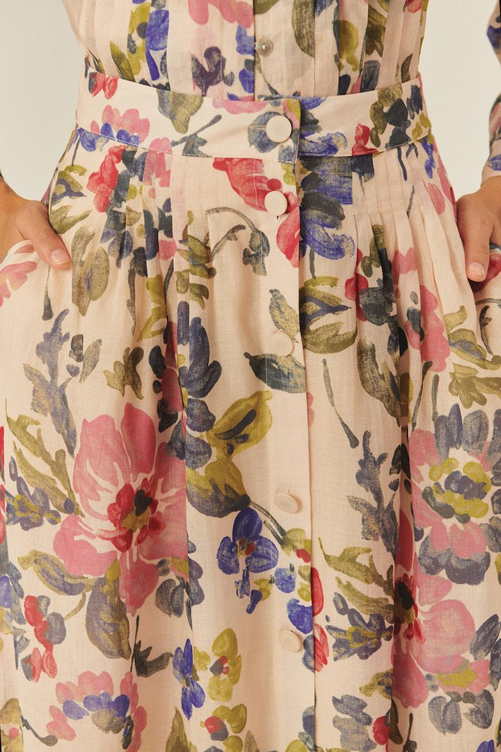 Floral Button-Down Midi Skirt with Pockets