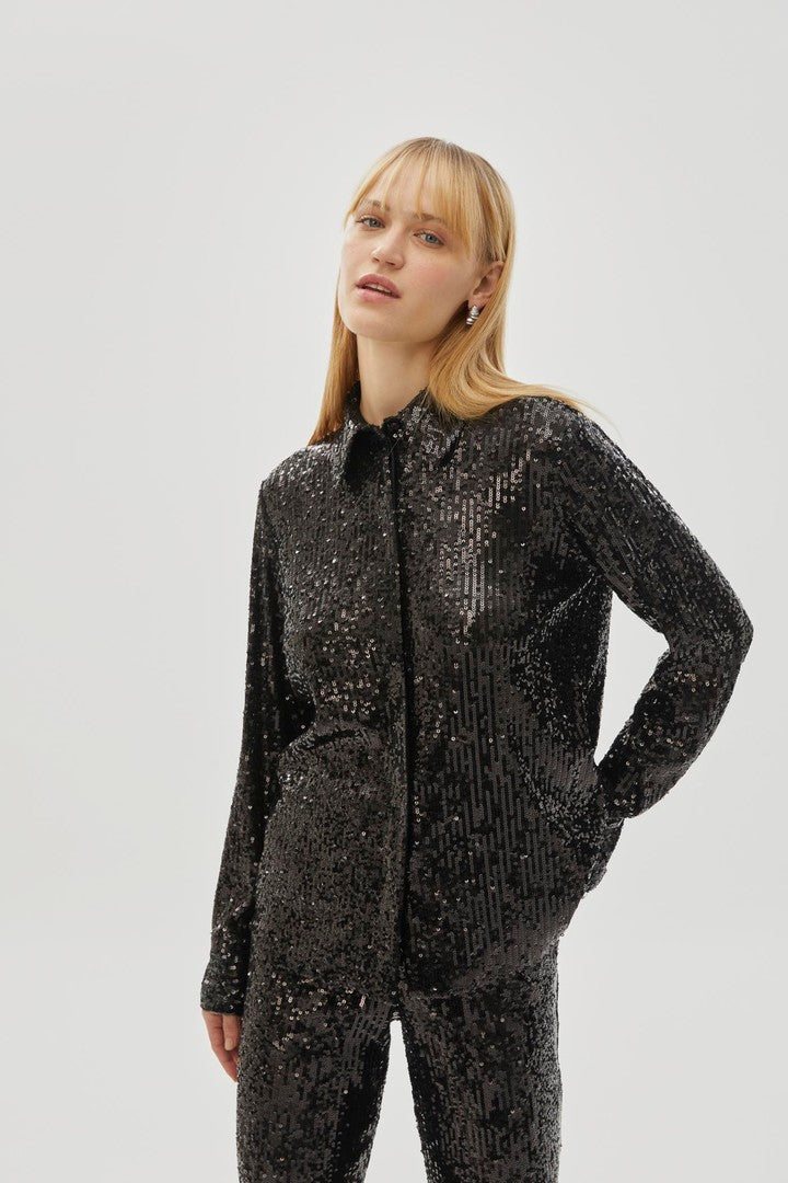 Black Regular Fit Shirt with Sequins
