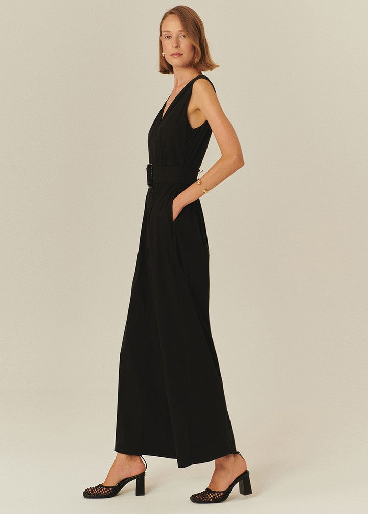 V-Neck Black Cotton Jumpsuit