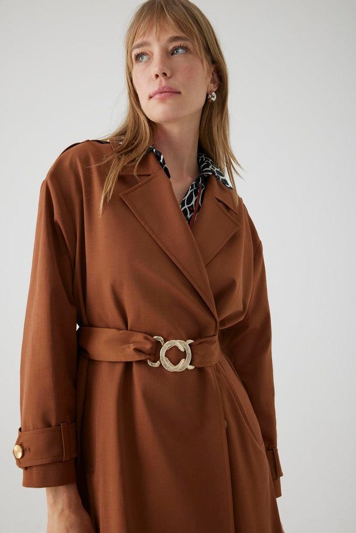 Camel Regular Fit Cotton Trench Coat with Belt and Pockets