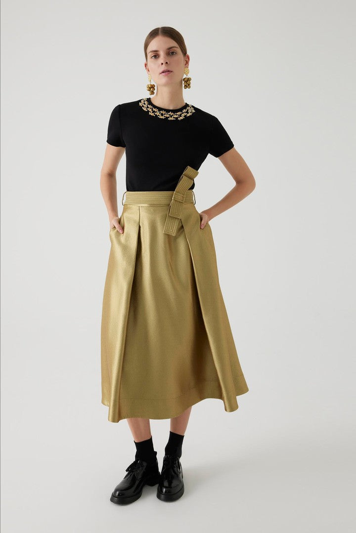 Regular Fit Gold Midi Skirt with Belt Detail