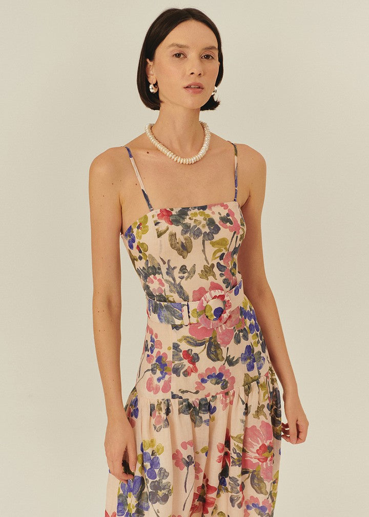 Floral Strapless Midi Dress with Belt