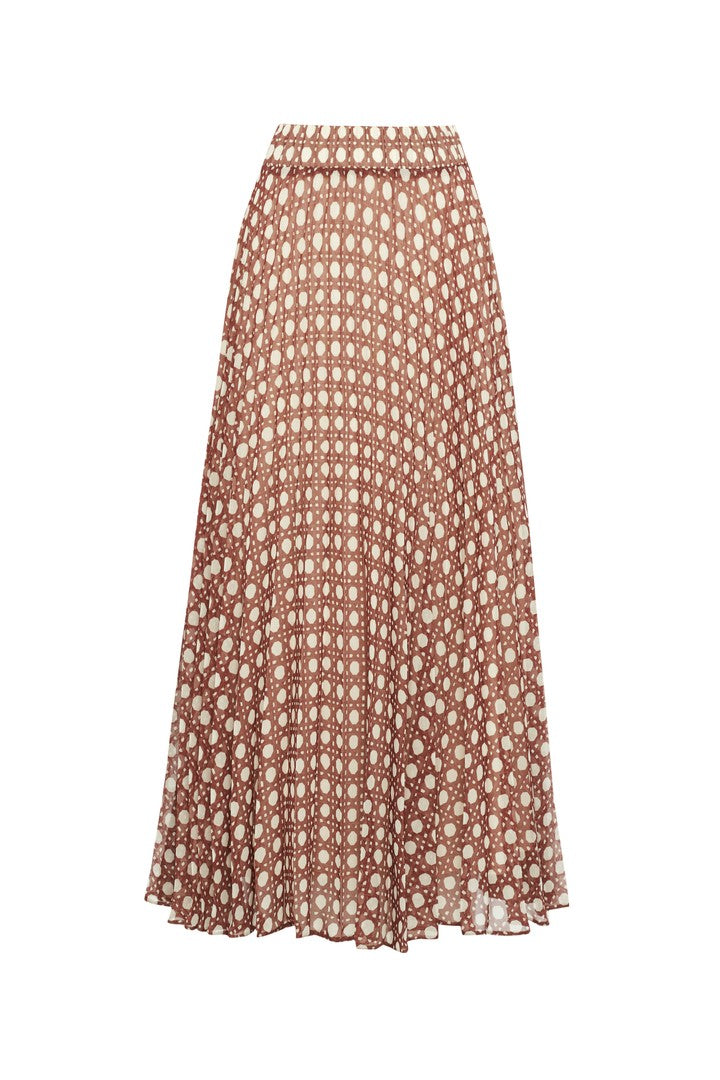Brown Relaxed Fit Patterned Midi Skirt with Pleats and Elastic Waist