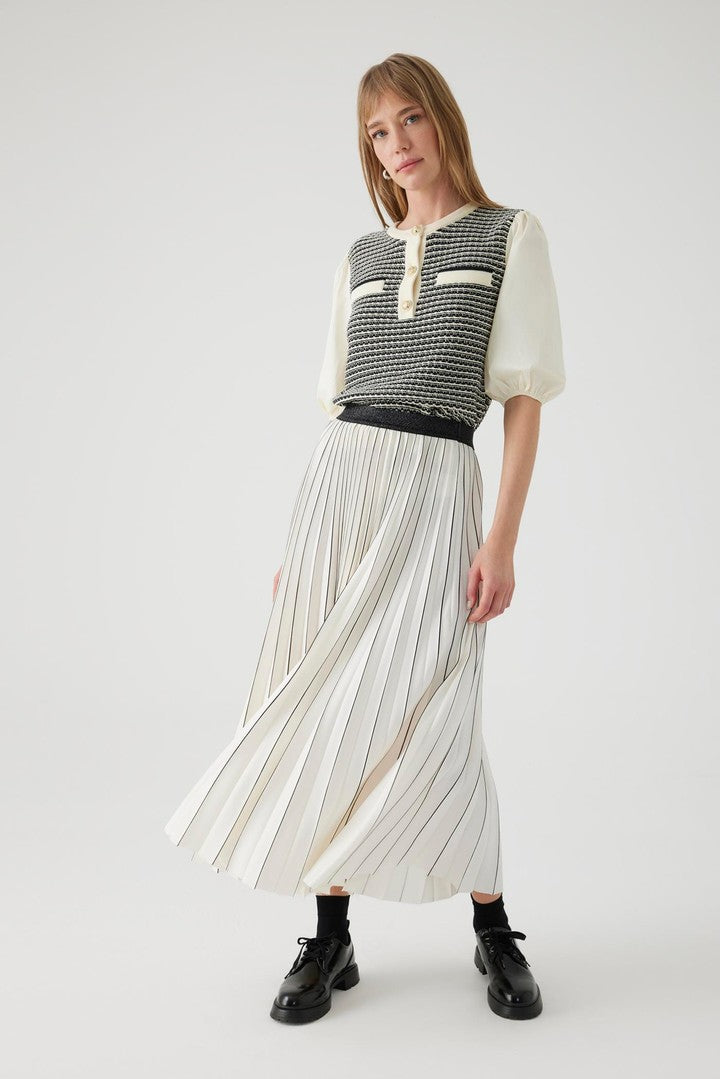 Bone Regular Fit Pleated Midi Skirt with Hand-Painted Details