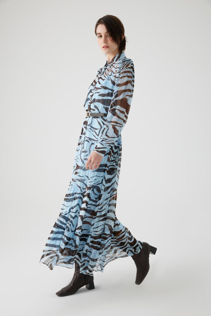 Regular Fit Zebra Print Maxi Dress with Belt and Lining