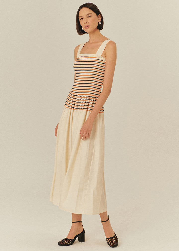 Striped Smocked Bodice Midi Dress