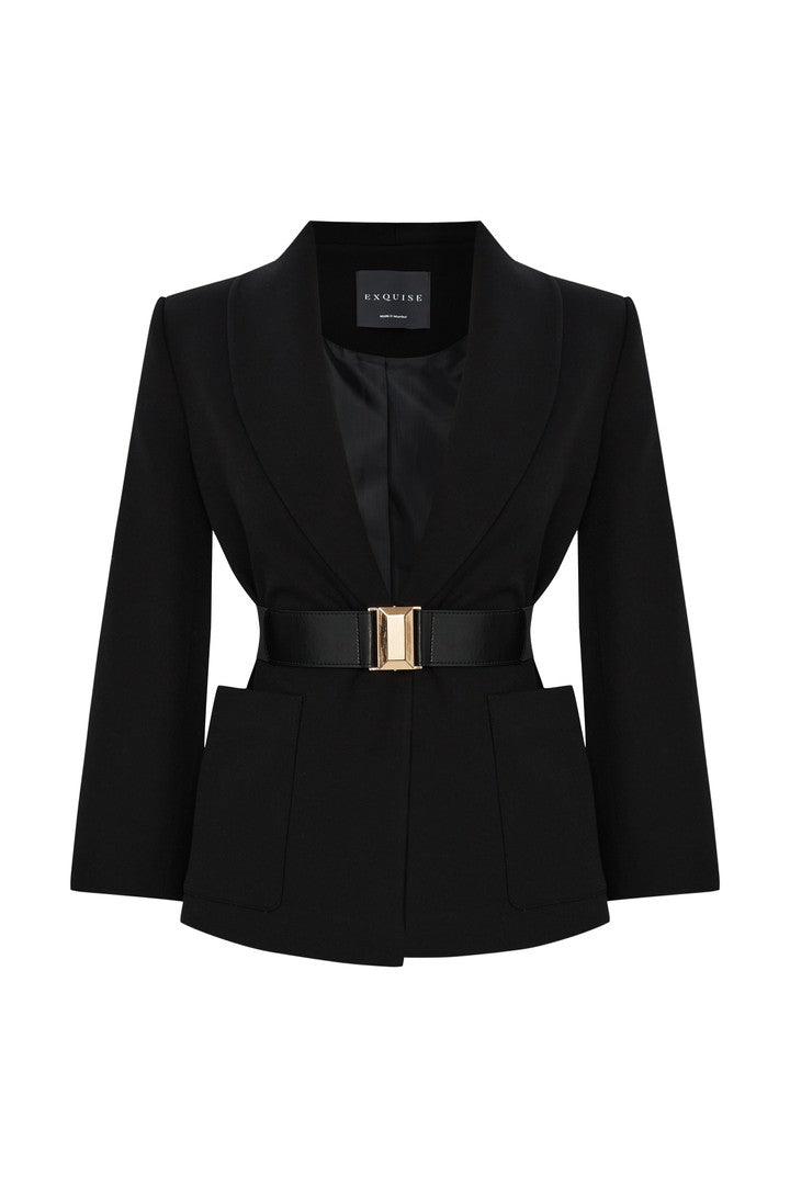 Black Regular Fit Jacket with Belt Detail and Large Pockets