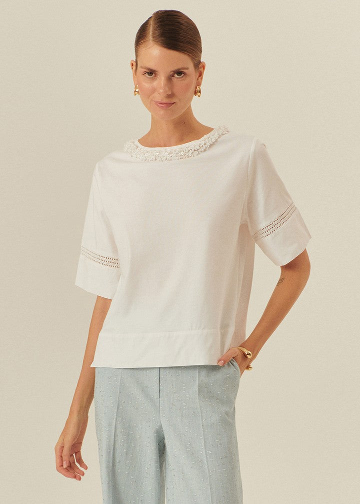 White Cotton T-Shirt with Embroidered Sleeve Detail