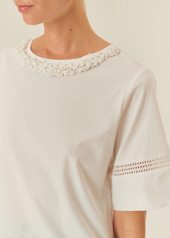 White Cotton T-Shirt with Embroidered Sleeve Detail