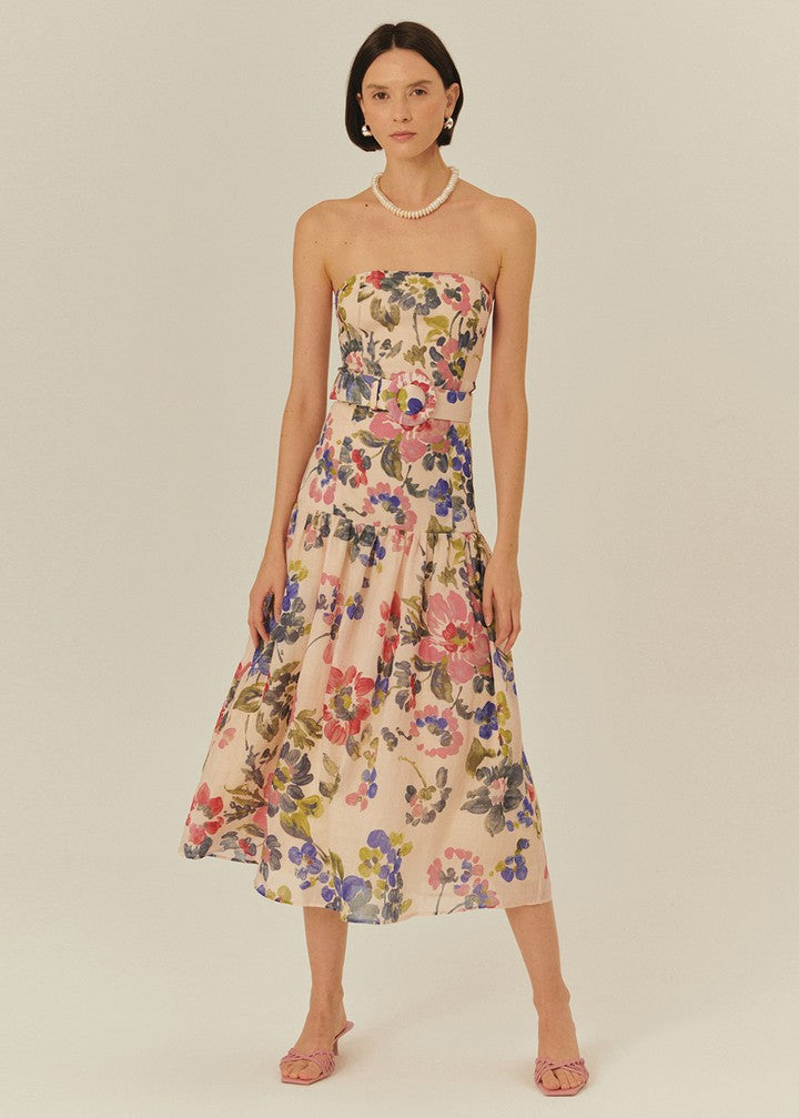 Floral Strapless Midi Dress with Belt
