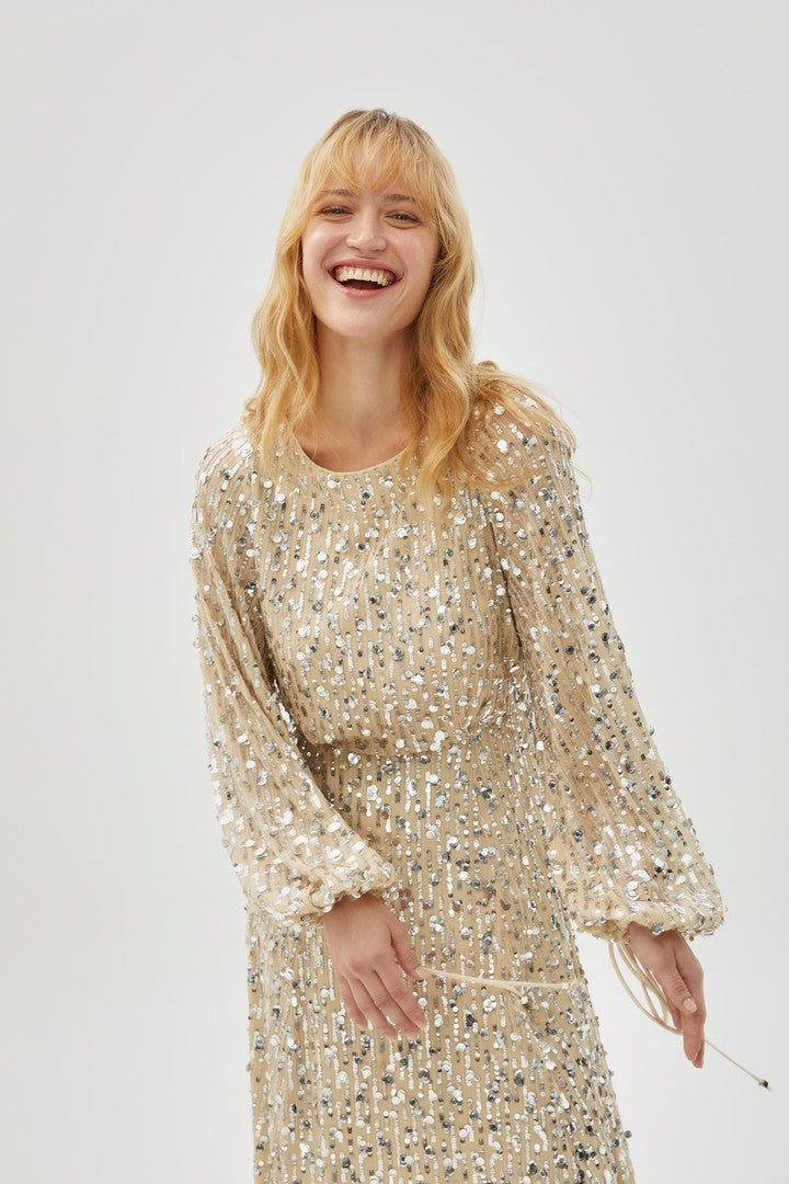 Gold Regular Fit Midi Dress with Sequins