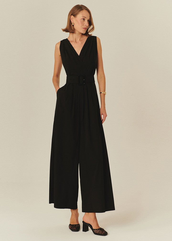 V-Neck Black Cotton Jumpsuit