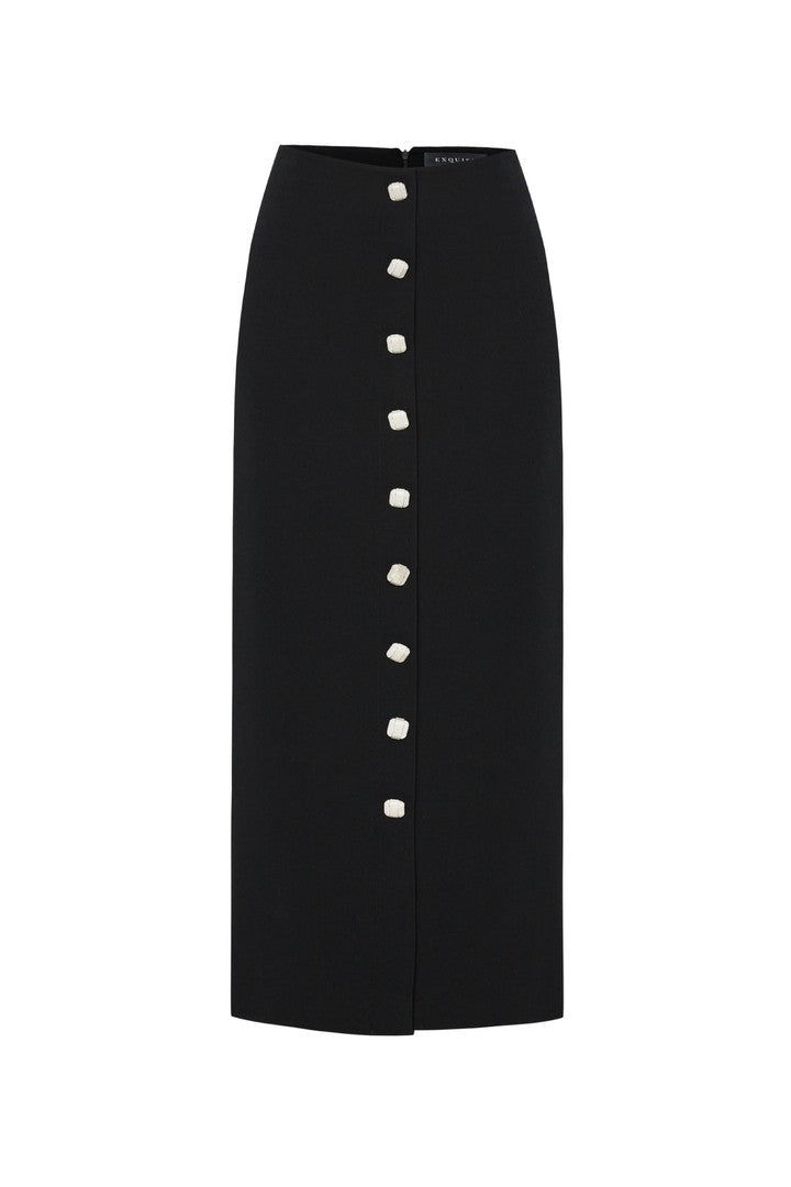 Black Button-Front Midi Pencil Skirt
