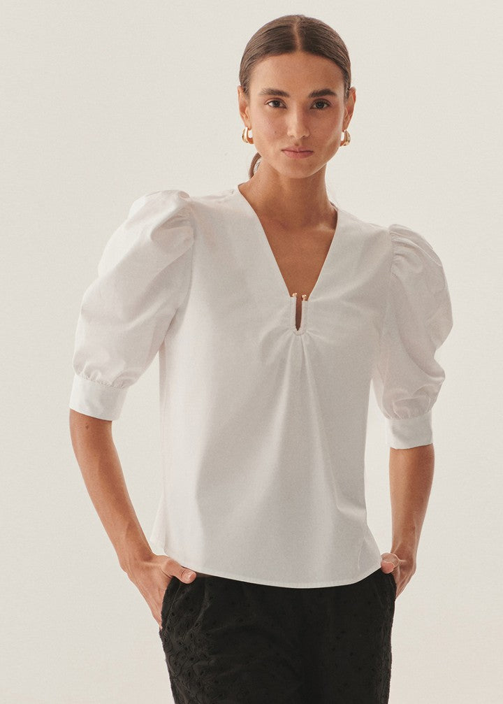 Puff Sleeve Poplin Keyhole Blouse