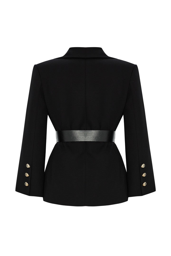 Black Regular Fit Jacket with Belt Detail and Large Pockets