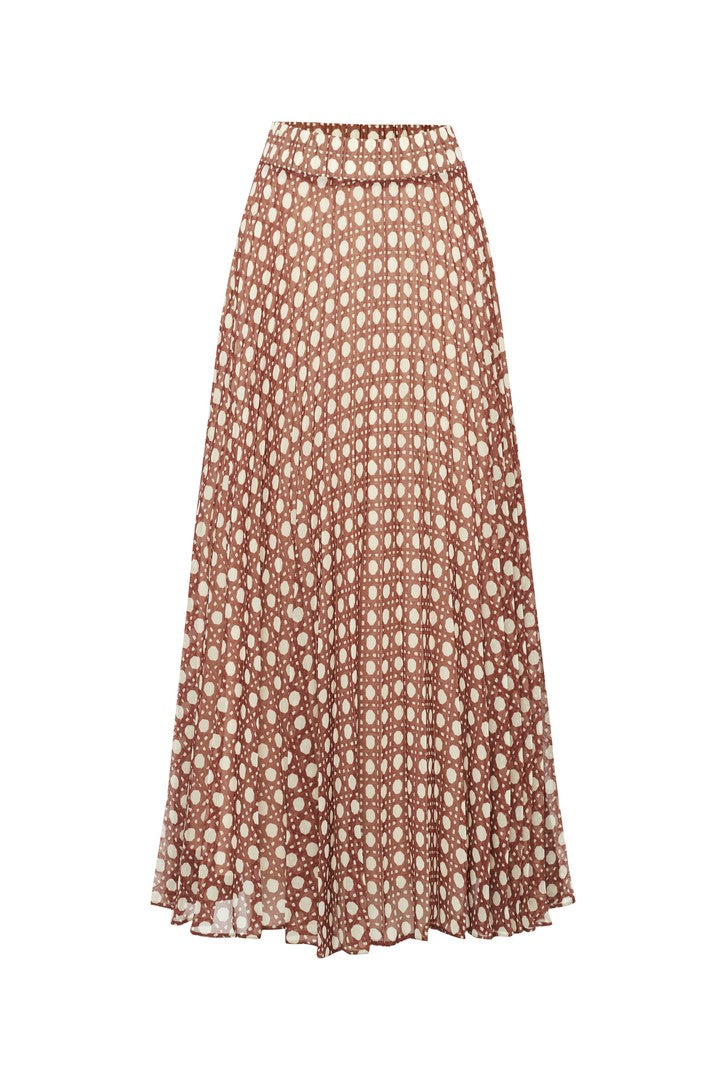 Brown Relaxed Fit Patterned Midi Skirt with Pleats and Elastic Waist