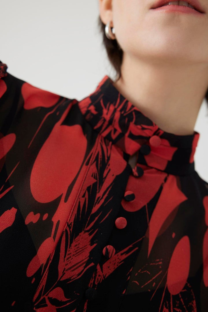 Red Printed Chiffon Regular Fit Dress with Belt