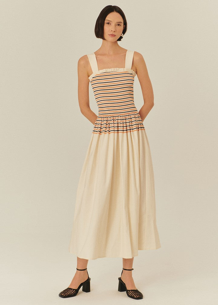 Striped Smocked Bodice Midi Dress