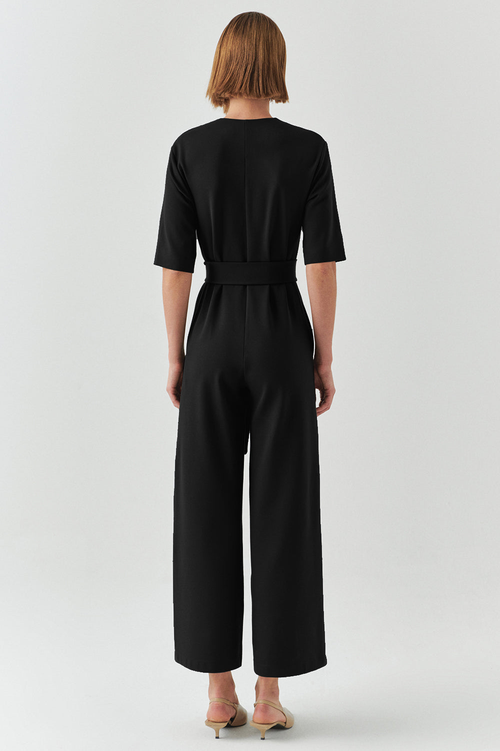 Cynthia Short Sleeve V-Neck Knit Jumpsuit with Pockets Black