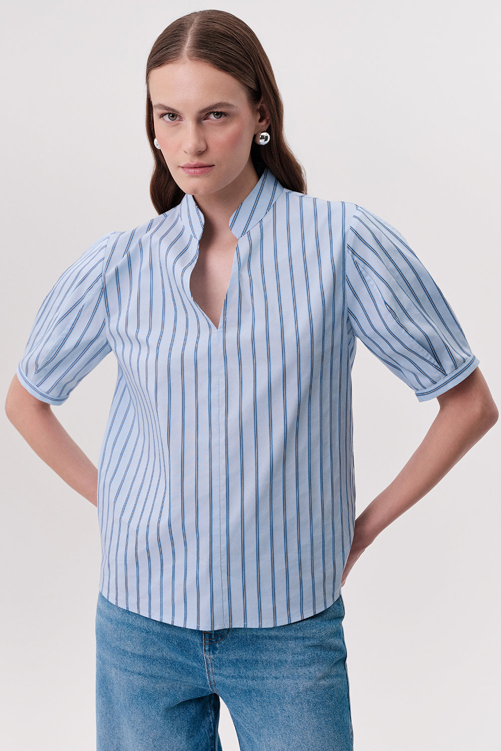 Short Sleeve V Neck Striped Blouse - MULTI COLOR