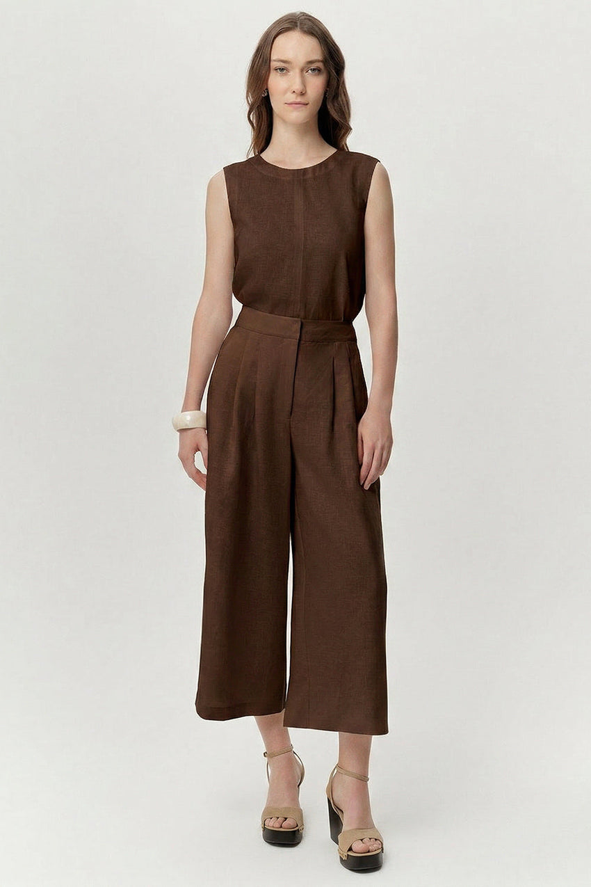 Pocket Zipper Culotte Linen Pants - BROWN