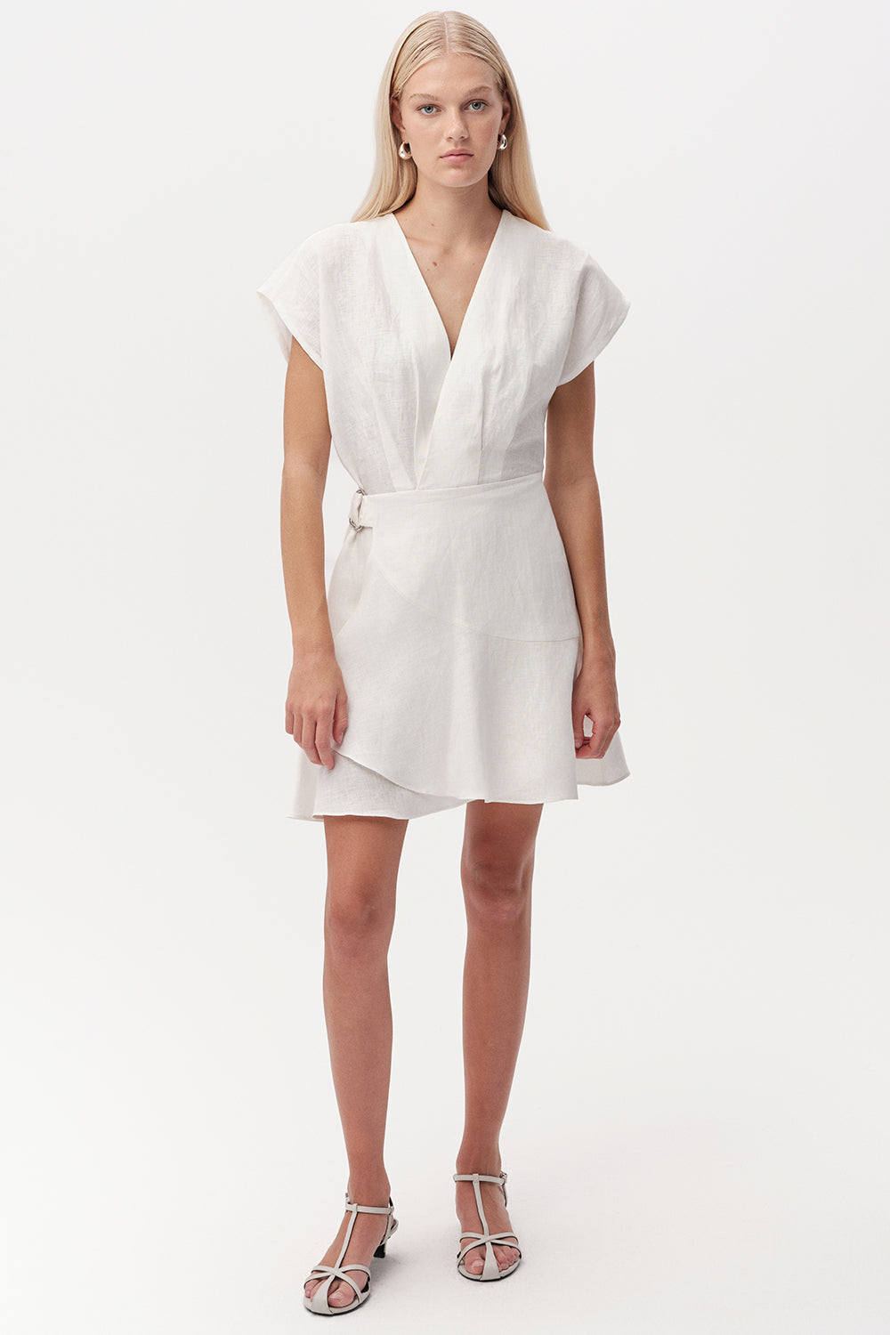 Sleeveless V Neck Linen Mini Dress  - ECRU