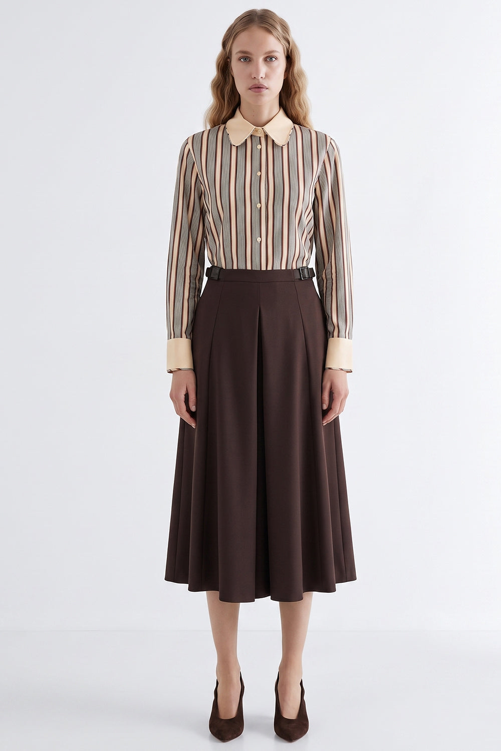 Pleated Midi Skirt with Zipper - BROWN