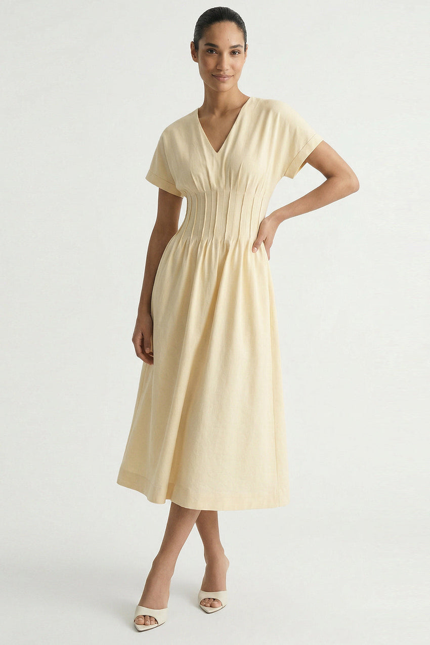 Short Sleeve V Neck Elastic Waist Pocket Midi Dress - CREAM