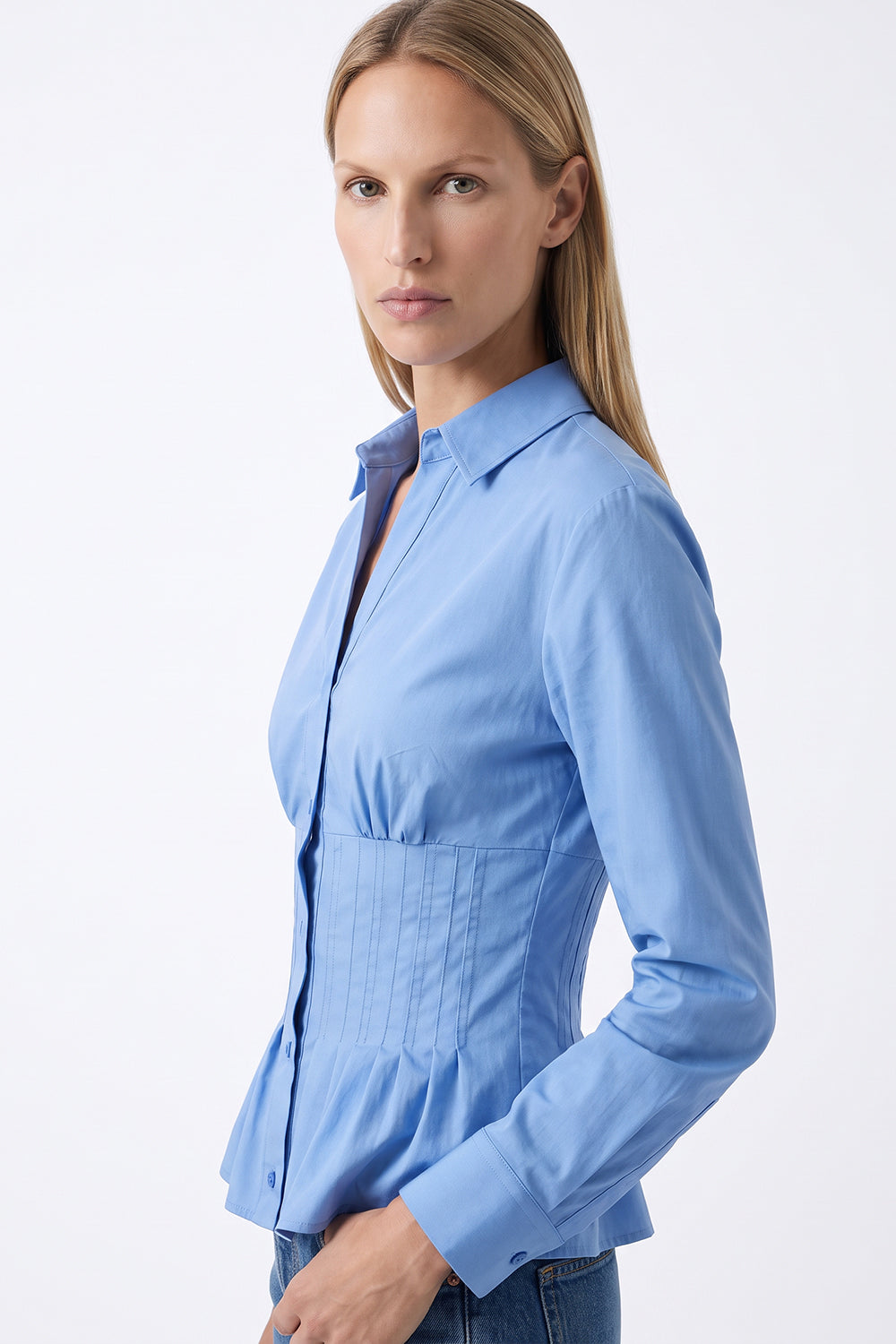 Fitted Long Sleeve Shirt with Cuffs - BLUE