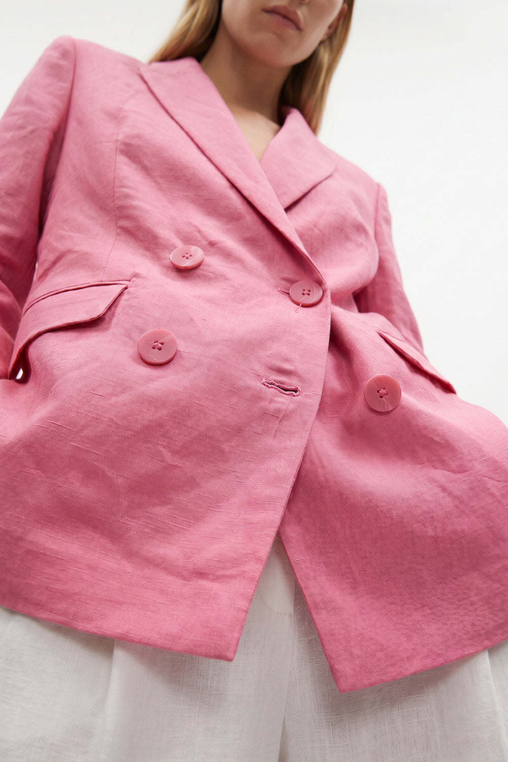 Double Breasted Linen Blazer Jacket - PINK