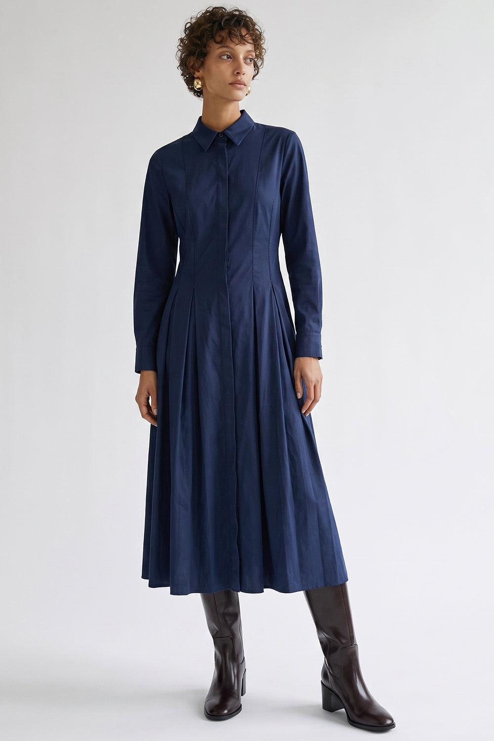 Zigzag Stitch Fitted Pleated Midi Dress - NAVY