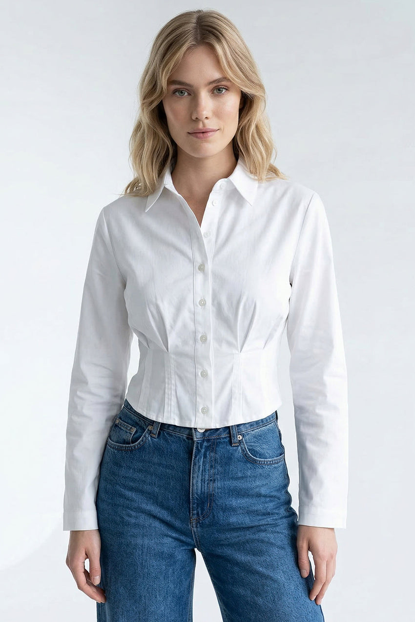 Long Sleeve Crop Shirt - WHITE