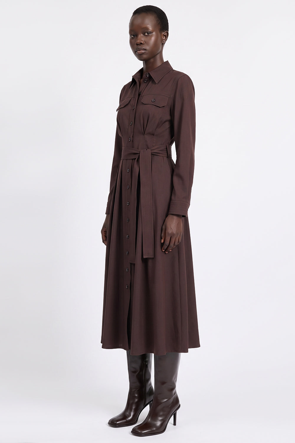 Satin Midi Dress with Belt - BROWN
