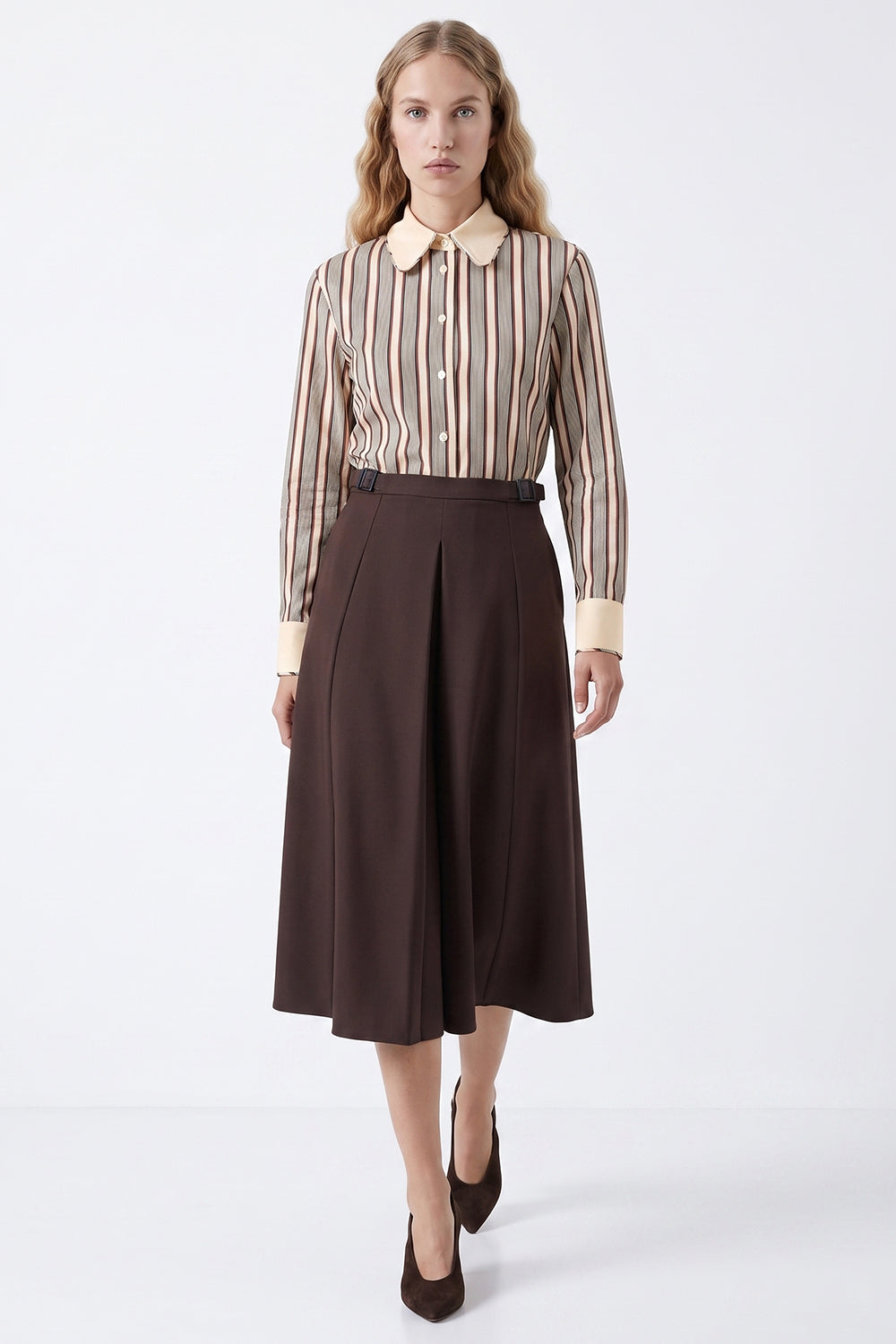 Pleated Midi Skirt with Zipper - BROWN