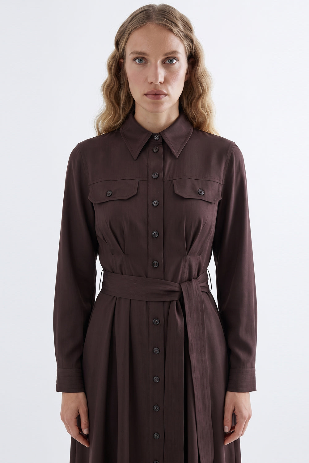 Satin Midi Dress with Belt - BROWN