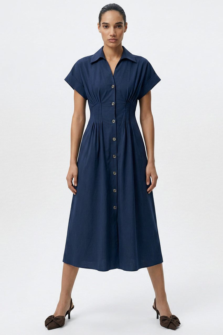 Shirt Collar Elastic Waist Pocket Midi Dress - NAVY BLUE