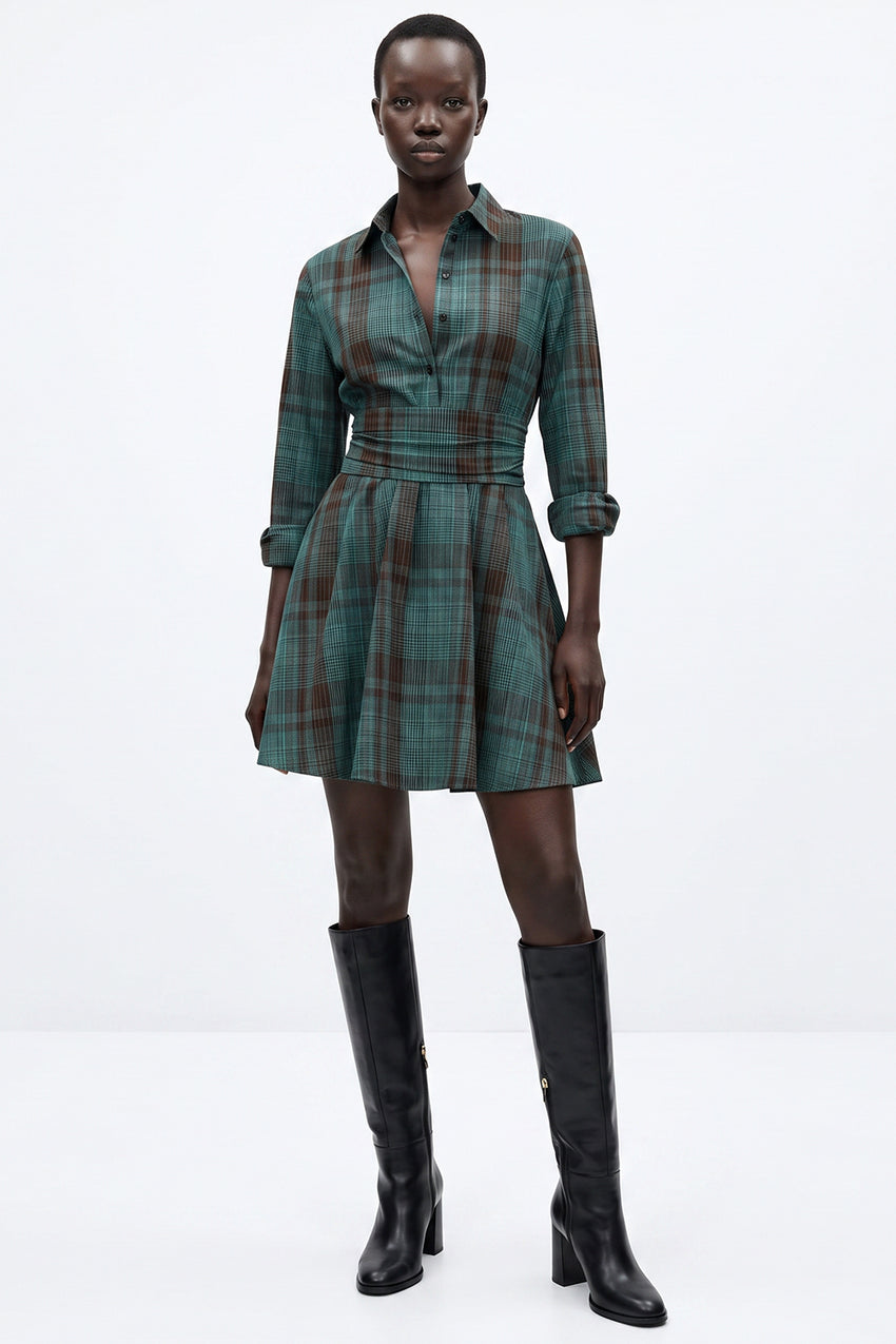 Long Sleeve Mini Dress with Waist Detail - MULTICOLOR
