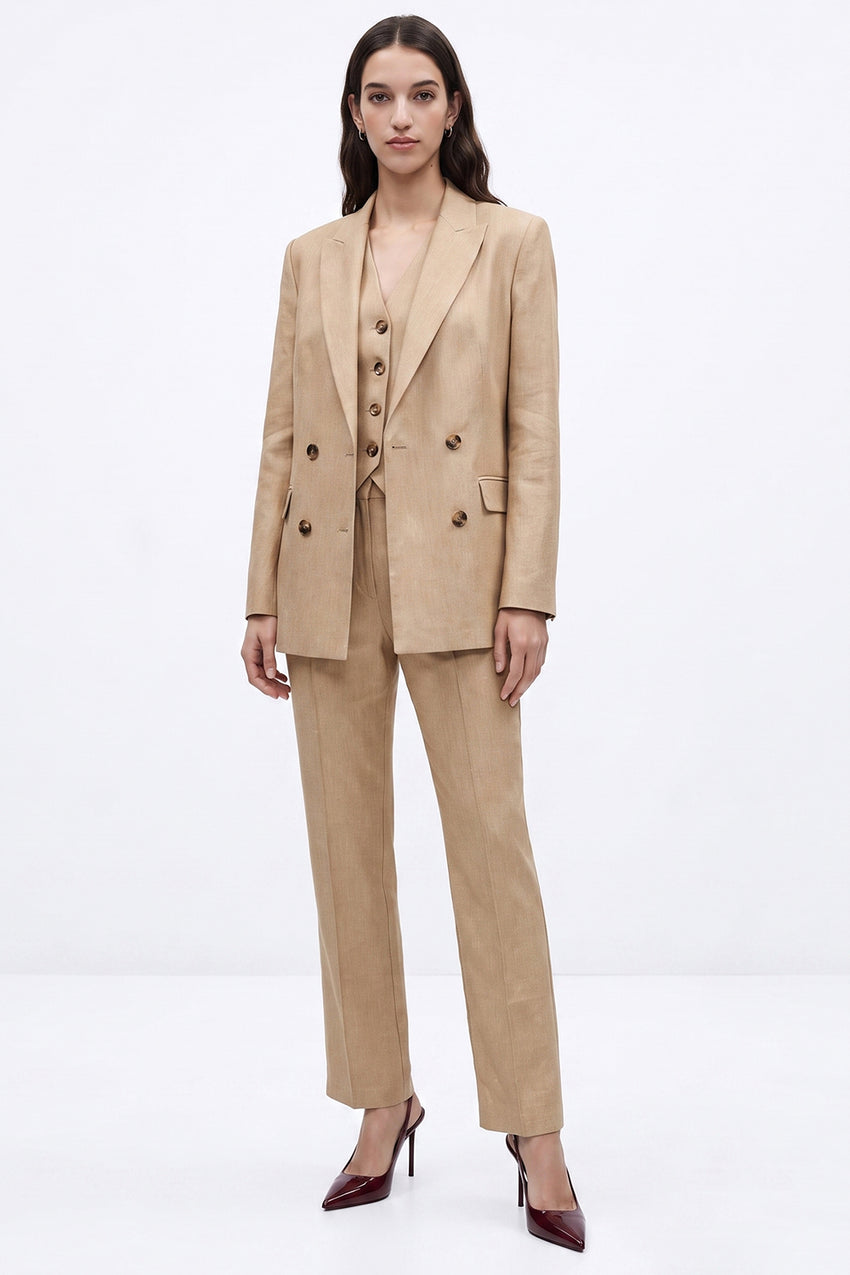 Linen Blend Shoulder-Padded Wrap Jacket - CAMEL