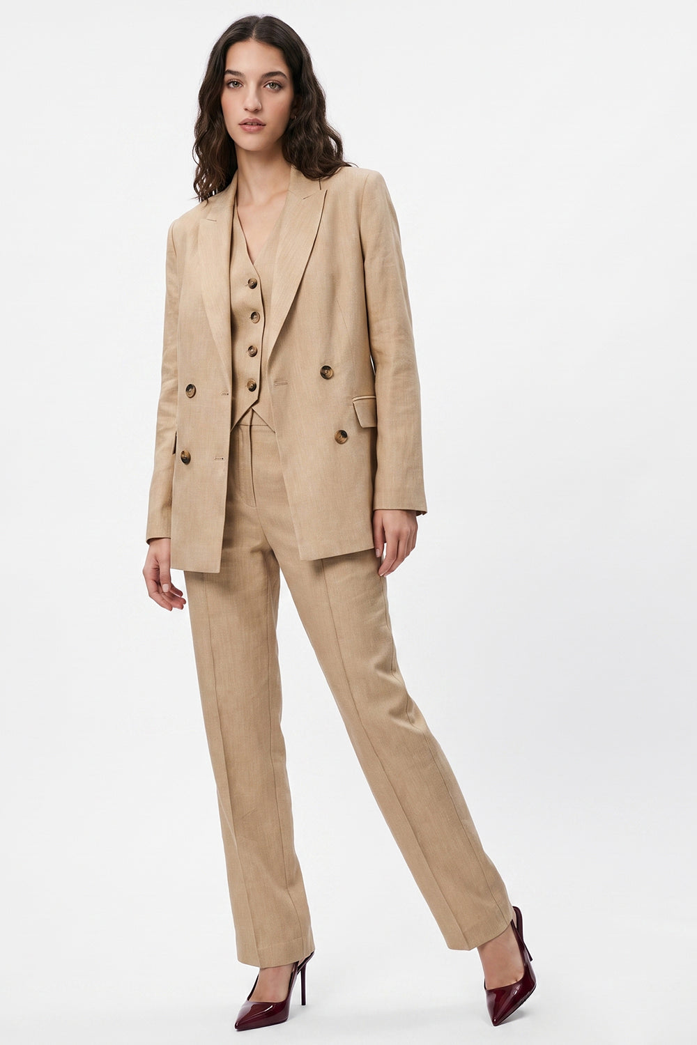 Linen Blend Shoulder-Padded Wrap Jacket - CAMEL