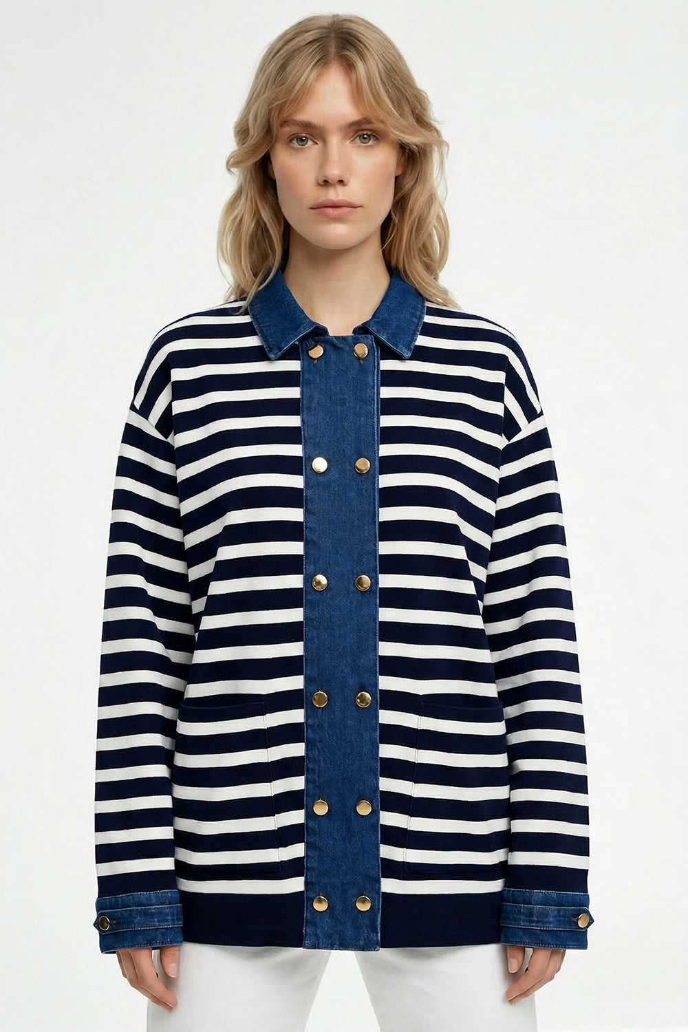 Long Sleeve Knit Cardigan - DARK BLUE WHITE