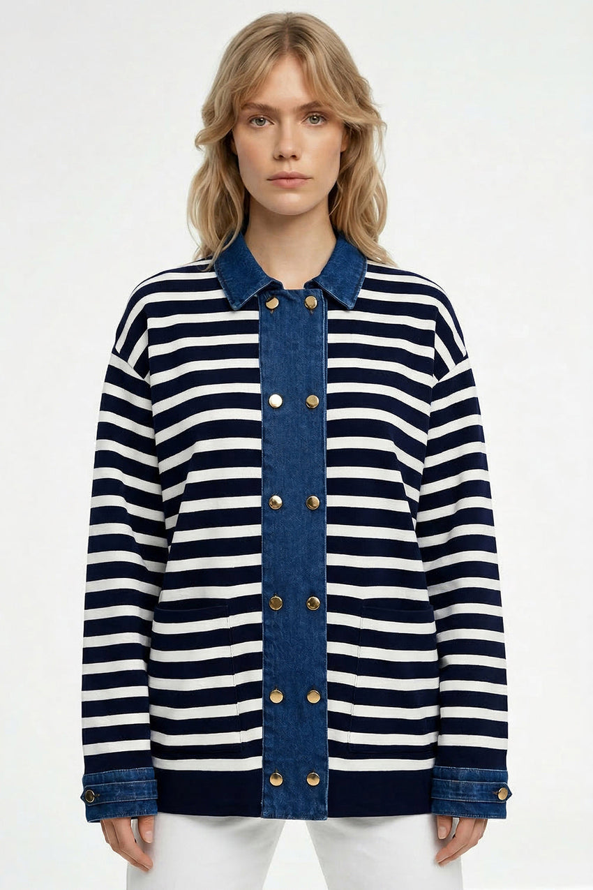 Long Sleeve Knit Cardigan - DARK BLUE WHITE