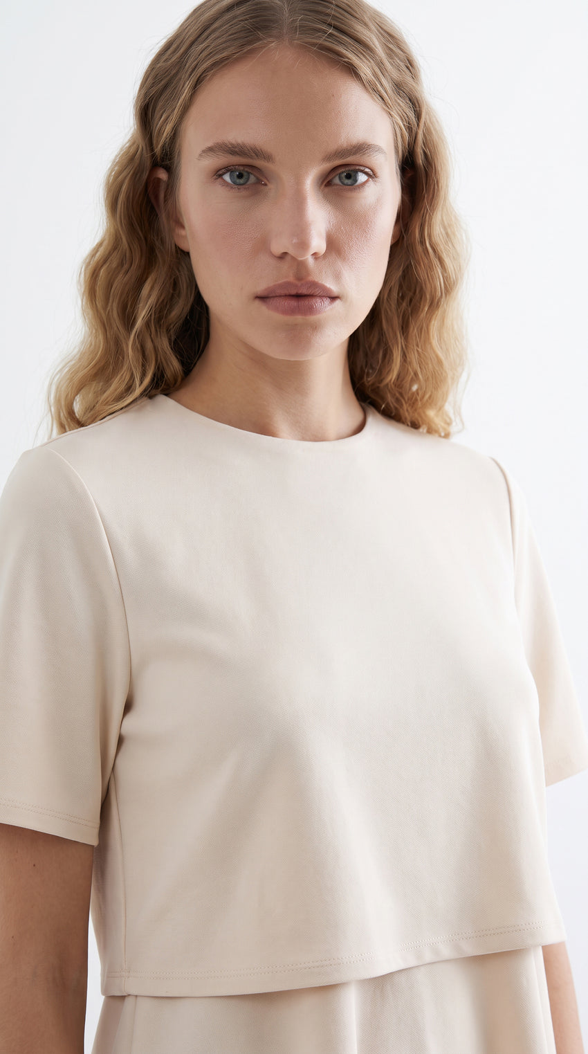 Short Sleeve Round Neck Mini Dress - BONE