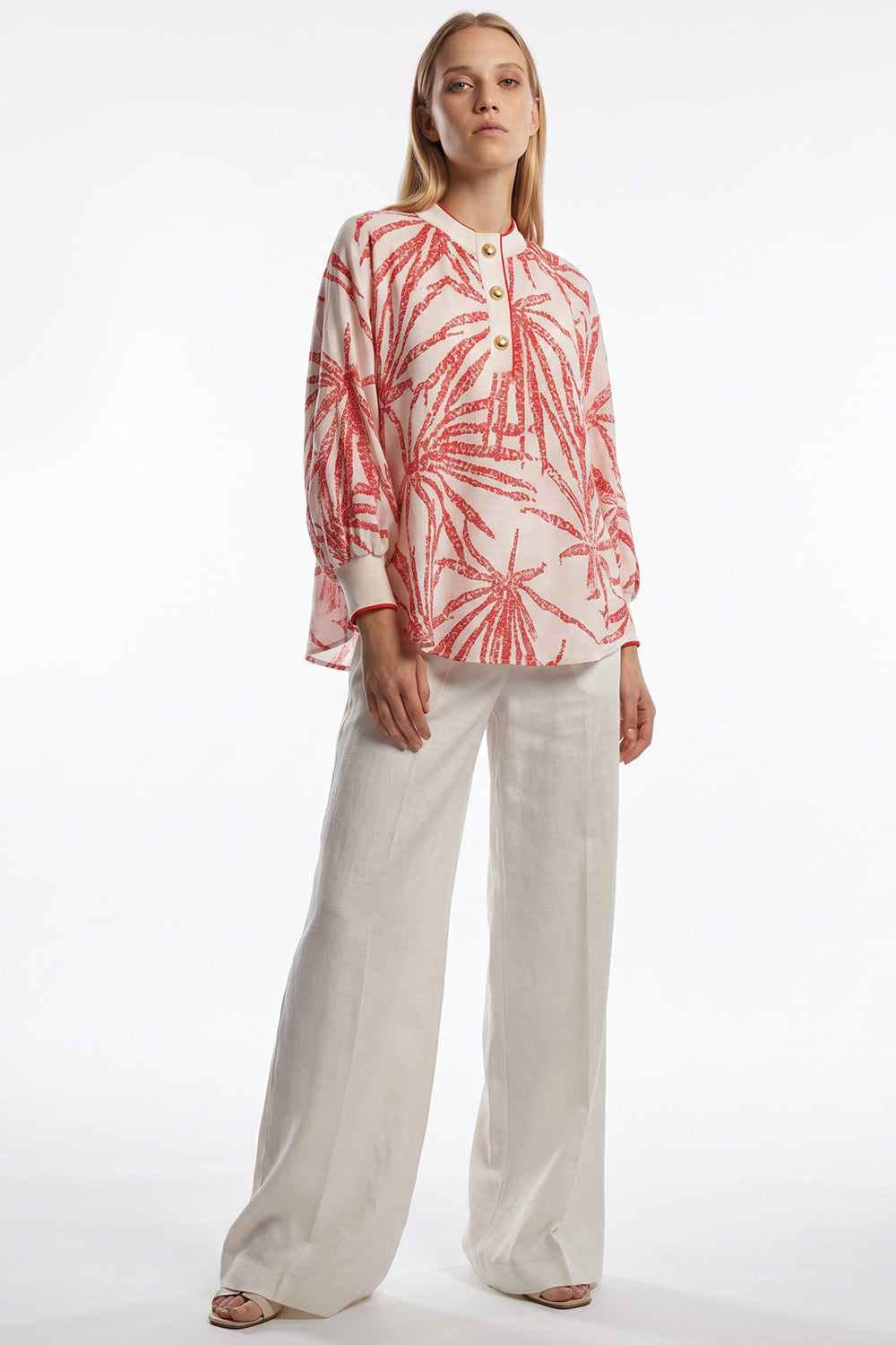 Mandarin Collar Button Detail Printed Blouse - BEIGE RED