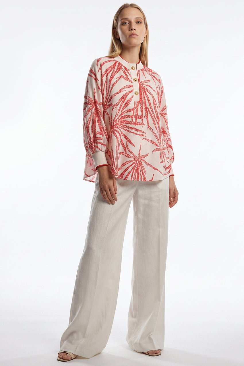 Mandarin Collar Button Detail Printed Blouse - BEIGE RED