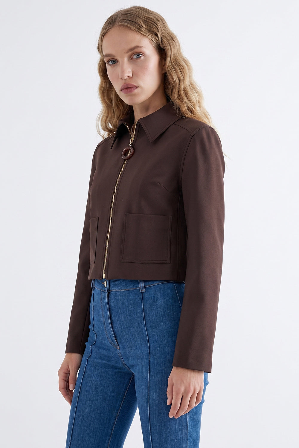 Cropped Jacket with Zipper Detail and Pockets - BROWN
