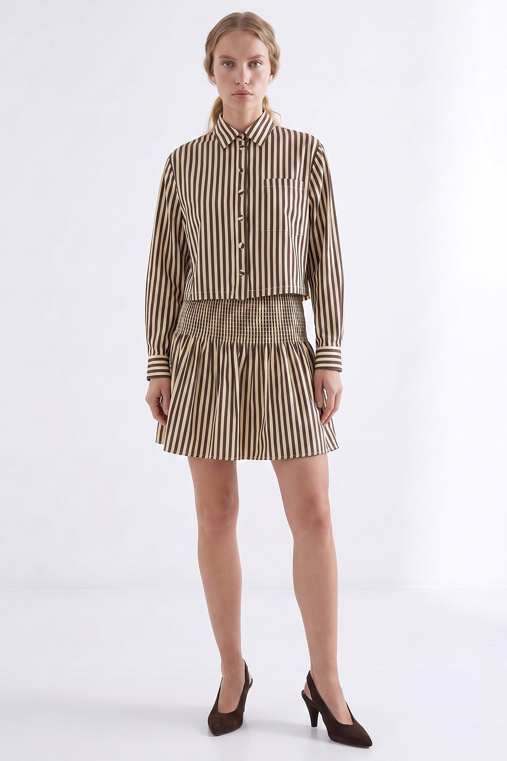 Collared Mini Dress with Shirred Waist - BROWN BEIGE