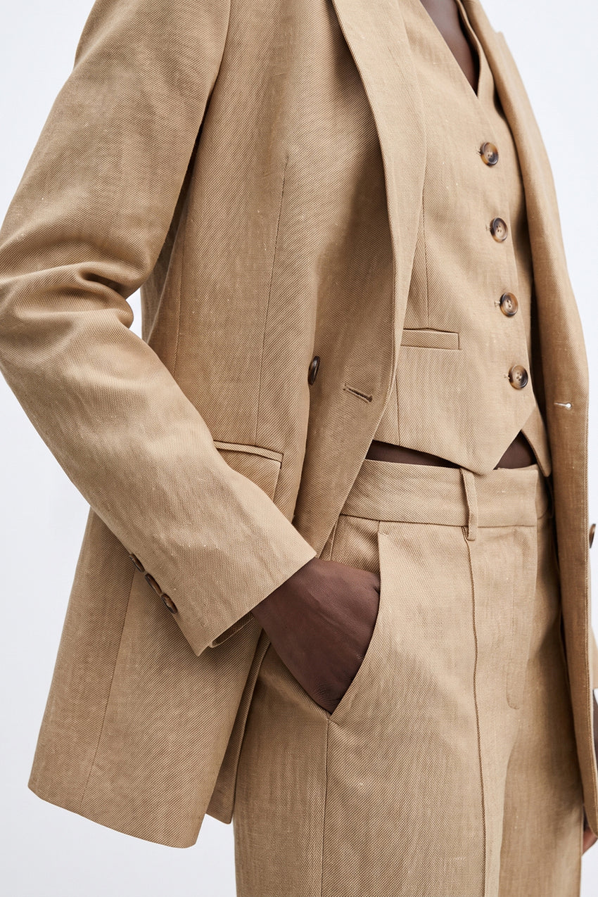Linen Blend Shoulder-Padded Wrap Jacket - CAMEL