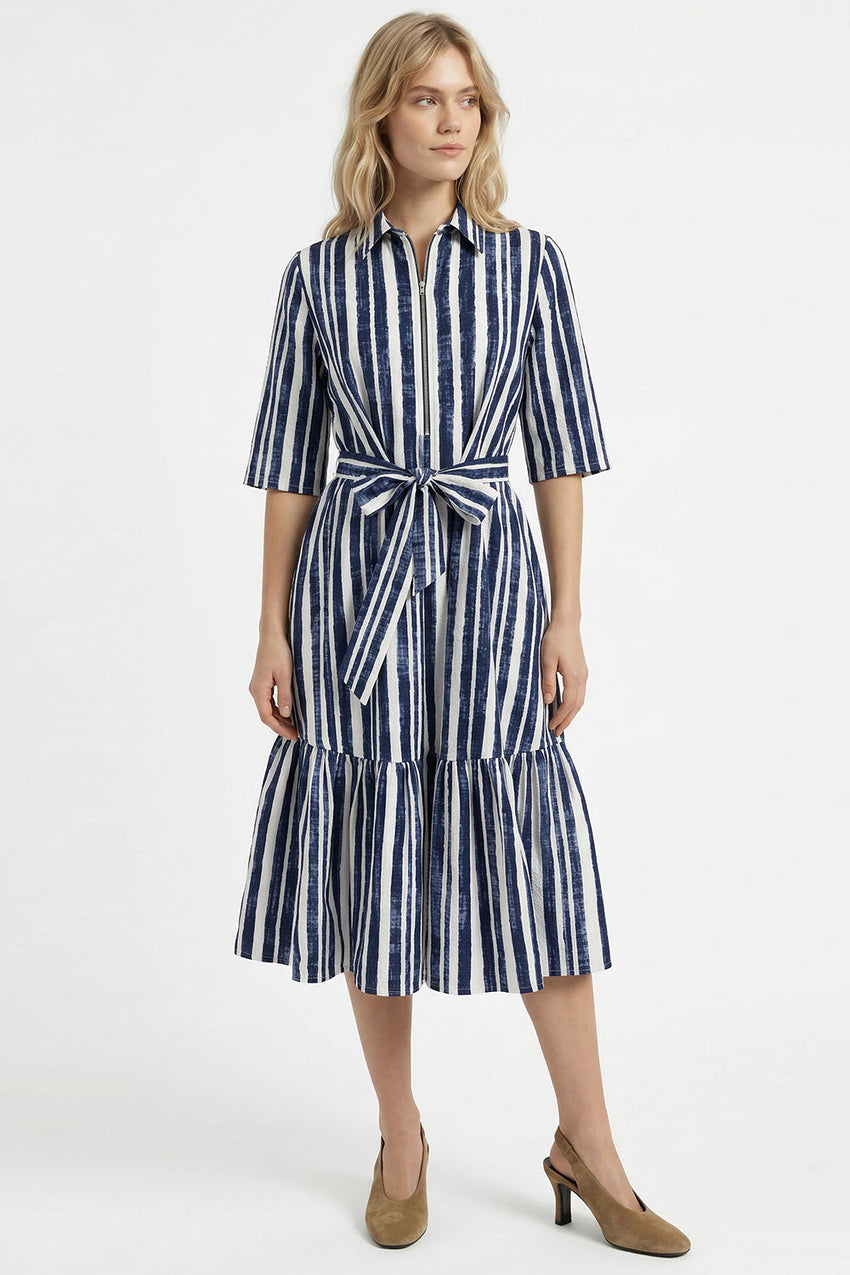 Shirt Collar Short Sleeve Belted Midi Dress - ROYAL BLUE-BONE