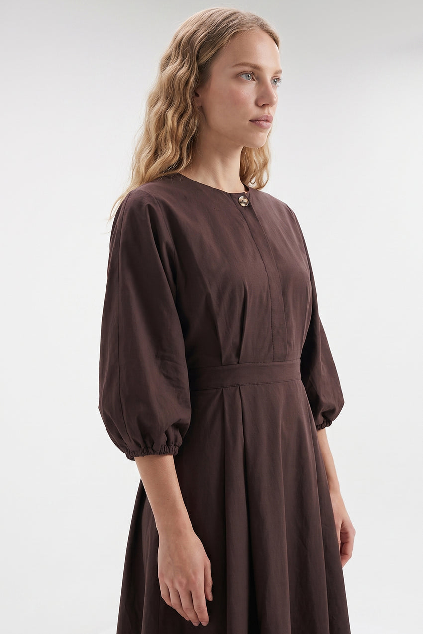 Elastic Back Balloon Sleeve Midi Dress - BROWN