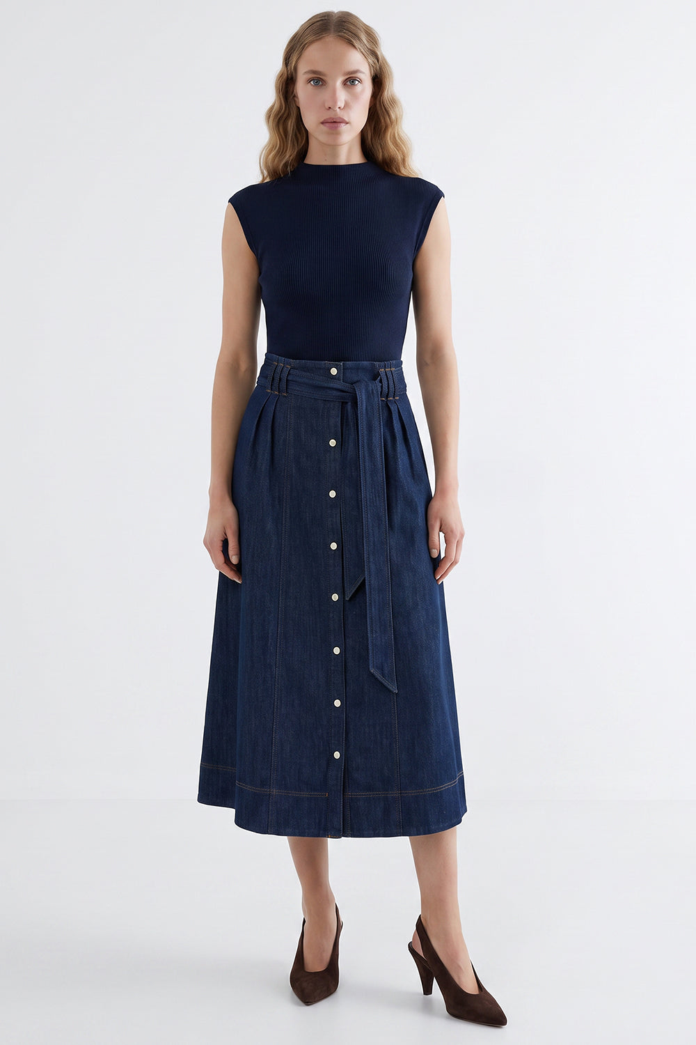 High-Waisted Belted Denim Midi Skirt - BLUE